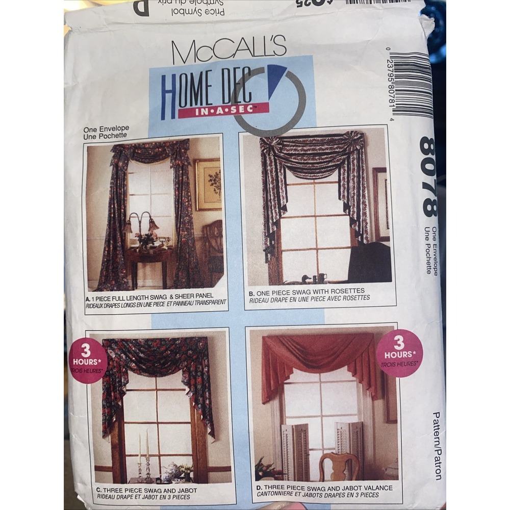 Vintage McCalls Home Decor Window Treatment Sewing Pattern 8078 Swag Valance Cut